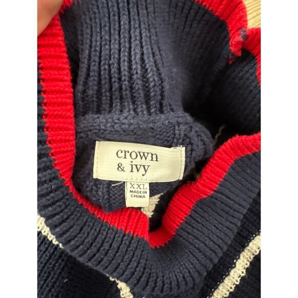 Crown & Ivy 100% Cotton XL Navy Red Stripe Sweater Nautical Preppy - Picture 2 of 4
